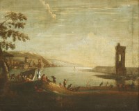 Lot 423 - Follower of Adriaen van Diest
A SOUTHERN LANDSCAPE WITH MERCHANTS AND SAILORS  AND A DISTANT LAKESIDE TOWN
Oil on canvas
43 x 53cm