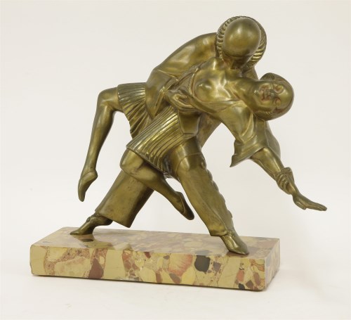 Lot 75 - An Art Deco patinated spelter group of two dancers