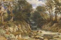 Lot 368 - David Cox Jnr. (1809-1885)
GIRLS BATHING IN A WELSH MOUNTAIN STREAM
Signed l.l.