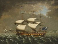 Lot 428 - William Jackson of Liverpool (1730-1803) 
A 6TH RATE OF THE ROYAL NAVY BEARING AWAY FROM THE WEST AFRICAN COAST 
Oil on canvas 
96.5 x 125cm