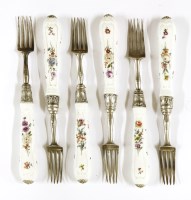 Lot 178 - A set of six silver and Continental porcelain forks