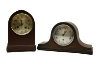 Lot 155 - An Edwardian mahogany mantle clock together with an oak example