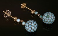 Lot 124 - A pair of Victorian turquoise cabochon sphere drop earrings