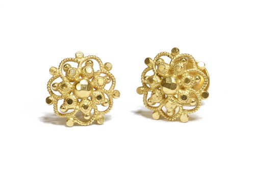 Lot 27 - A pair of Indian/Sri Lankan high carat gold open work cluster earrings