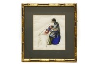 Lot 352 - A 19th century Chinese painting on rice paper of a lady doing embroidery