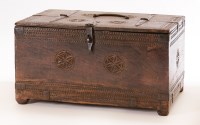 Lot 458 - A chip-carved and metal-banded ecumenical box