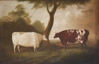 Lot 466 - Thomas Freebairn Wilson (early 19th century)
THE WHITE HEIFER AND 'RED ROSE II' IN A LANDSCAPE
Signed and dated 'T F Wilson N.Castle 1808' l.c.