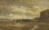 Lot 472 - Sam Bough RSA (1822-1878)
A COASTAL SCENE WITH BEACHED VESSELS AND A HORSE-DRAWN CART
Oil on panel
20 x 31cm
