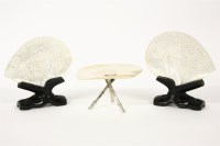 Lot 87 - Two Chinese mother of pearl carved shells on wooden stands
