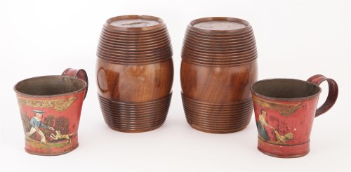 Lot 363 - A pair of Sorrento ware turned wooden barrels