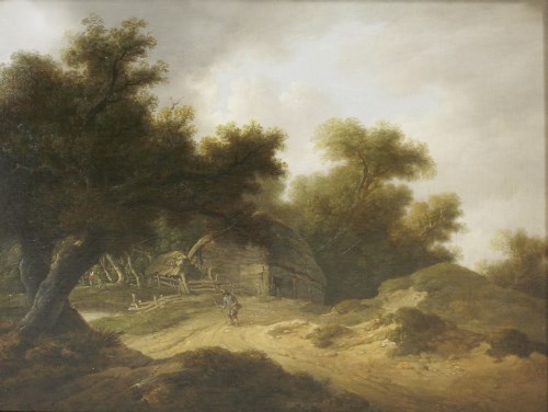 Lot 375 - John Rathbone (1750-1807)
A WOODED LANDSCAPE WITH A FIGURE BY THE BARN
Oil on panel
27 x 34cm