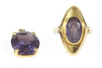 Lot 4 - A gold single stone oval mixed cut synthetic colour change sapphire ring