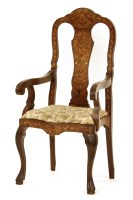 Lot 496 - Dutch marquetry inlaid walnut open armchair