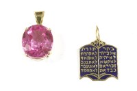 Lot 91 - An Egyptian gold single stone pink synthetic sapphire pendant