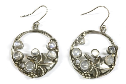 Lot 26 - A pair of Arts & Crafts style silver circular moonstone drop earrings