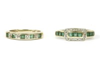 Lot 123 - A 9ct gold calibre cut emerald and diamond buckle ring
