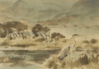 Lot 90 - Richard Barrett Talbot Kelly (1896-1971)
A HERON IN A LAKELAND LANDSCAPE
Signed with a monogram l.l.