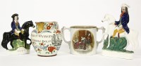 Lot 456 - A collection of ceramics to include a George IV Pearlware jug hand decorated with flowers and transfer printed with 'Success to the Brave Coal Miners'