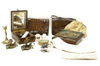 Lot 393 - A quantity of collectables to include two crocodile skin clutch bags