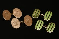 Lot 684 - A pair of 9ct gold Art Deco green and black stripe guilloché enamel octagonal chain link cufflinks