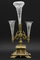 Lot 233 - A small Victorian brass epergne with etched clear glass trumpets and pierced base