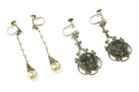 Lot 43 - A pair of Art Deco gold and silver simulated pearl drop screw back earrings