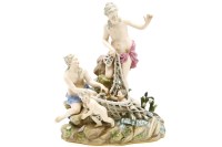 Lot 376 - A Meissen porcelain figural group depicting two scantily clad women hauling a net