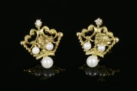 Lot 738 - A pair of diamond and cultured pearl drop earrings