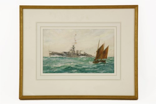 Lot 838 - William Minchall Birchall (1884-1941) 
HMS DELHI 
Watercolour and bodycolour                         
Signed and inscribed ‘Fighter and Fisher’ l.l.