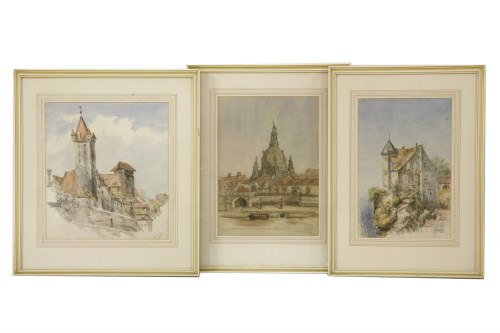 Lot 908 - Three late 19th century watercolours of German town scenes