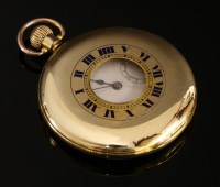 Lot 497 - A rolled gold half hunter top wind mechanical pocket watch
by Rolex.  A 47mm diameter plain front cover with royal blue enamel Roman numerals to the chapter ring.  Silvered dial with black Arabic nume