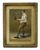 Lot 843 - A late 19th / early 20th century oil on board of a man carrying a chicken