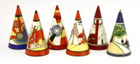 Lot 148 - Six Wedgwood Clarice Cliff conical sugar casters