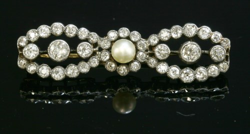 Lot 82 - A late Victorian cultured pearl and diamond cluster bar brooch