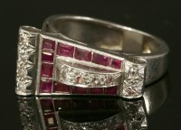 Lot 209 - A white gold ruby and diamond odeonesque ring