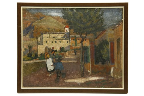 Lot 548 - Cora J Gordon
VIEW OF FIGURES IN A CONTINENTAL STREET
Oil on board
31 x 39cm

Probably Spain. Portugal or the Balkans. (See attached biographical notes)