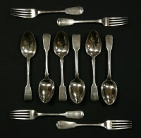 Lot 137 - Six Georgian silver fiddle pattern dessert spoons