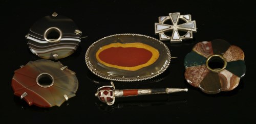 Lot 50 - Six assorted Scottish silver hardstone or pebble brooches
