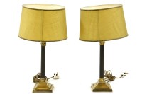 Lot 424 - A pair of Corinthian column brass table lamps and shades