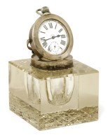 Lot 287 - A cut glass and silver-mounted combination inkwell/desk clock