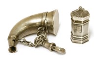 Lot 9 - A silver hunting horn-shaped whistle and vinaigrette
