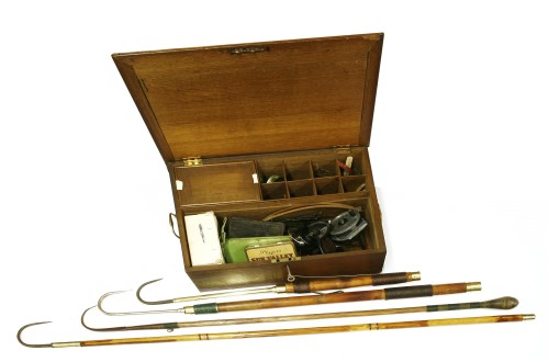 Lot 516 - Fishing: a 19th century brass-handled oak tackle box