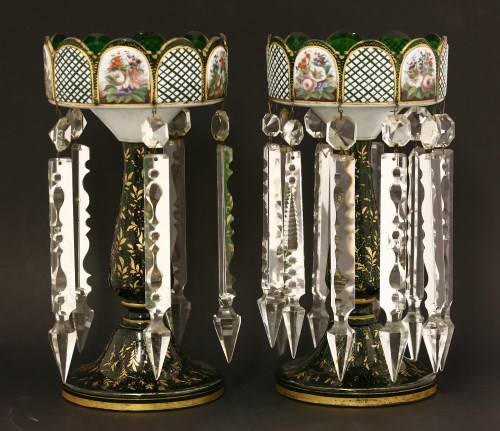 Lot 394 - A pair of Bohemian cased glass table lustres