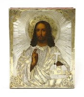 Lot 413 - A Russian silver-mounted icon of the Christ Pantocrator
