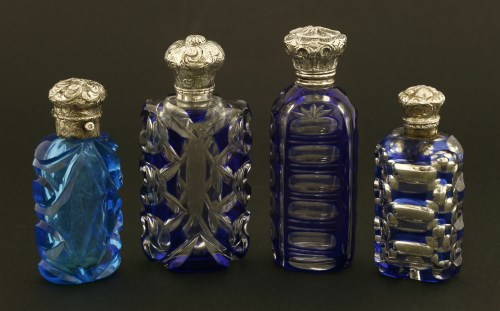 Lot 87 - Three Bohemian blue and clear glass scent bottles