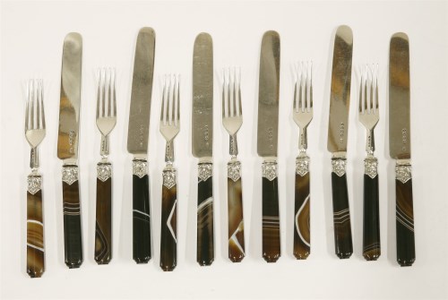 Lot 173 - Six pairs of Victorian silver and agate-handled fruit knives and forks