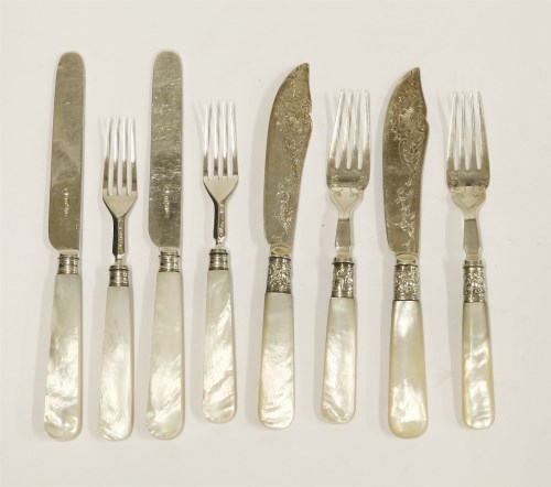 Lot 175 - Six pairs of William IV/Victorian silver and mother-of-pearl fruit knives and forks