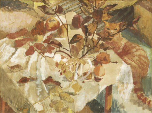 Lot 1290 - Modern British School
AUTUMN LEAVES AND A GINGER CAT
Watercolour and bodycolour over pencil
52 x 68cm