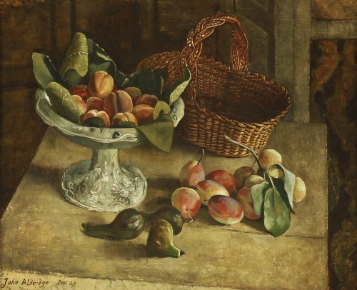 Lot 1001 - John Aldridge RA (1905-1983)
STILL LIFE OF FRUIT AND A BASKET ON A TABLE
Signed and dated 'Sept '49' l.l.