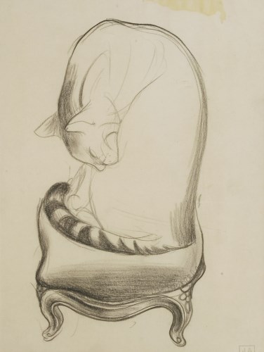 Lot 1021 - John Aldridge RA (1905-1983) 
STUDY OF A CAT SITTING ON A STOOL WASHING
Stamped with initials